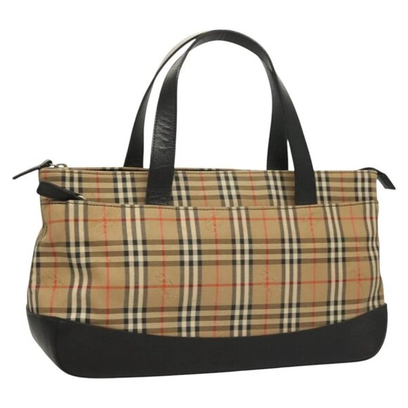 BURBERRY Nova Check Hand Bag Canvas Leather Beige Gold Auth 131011
